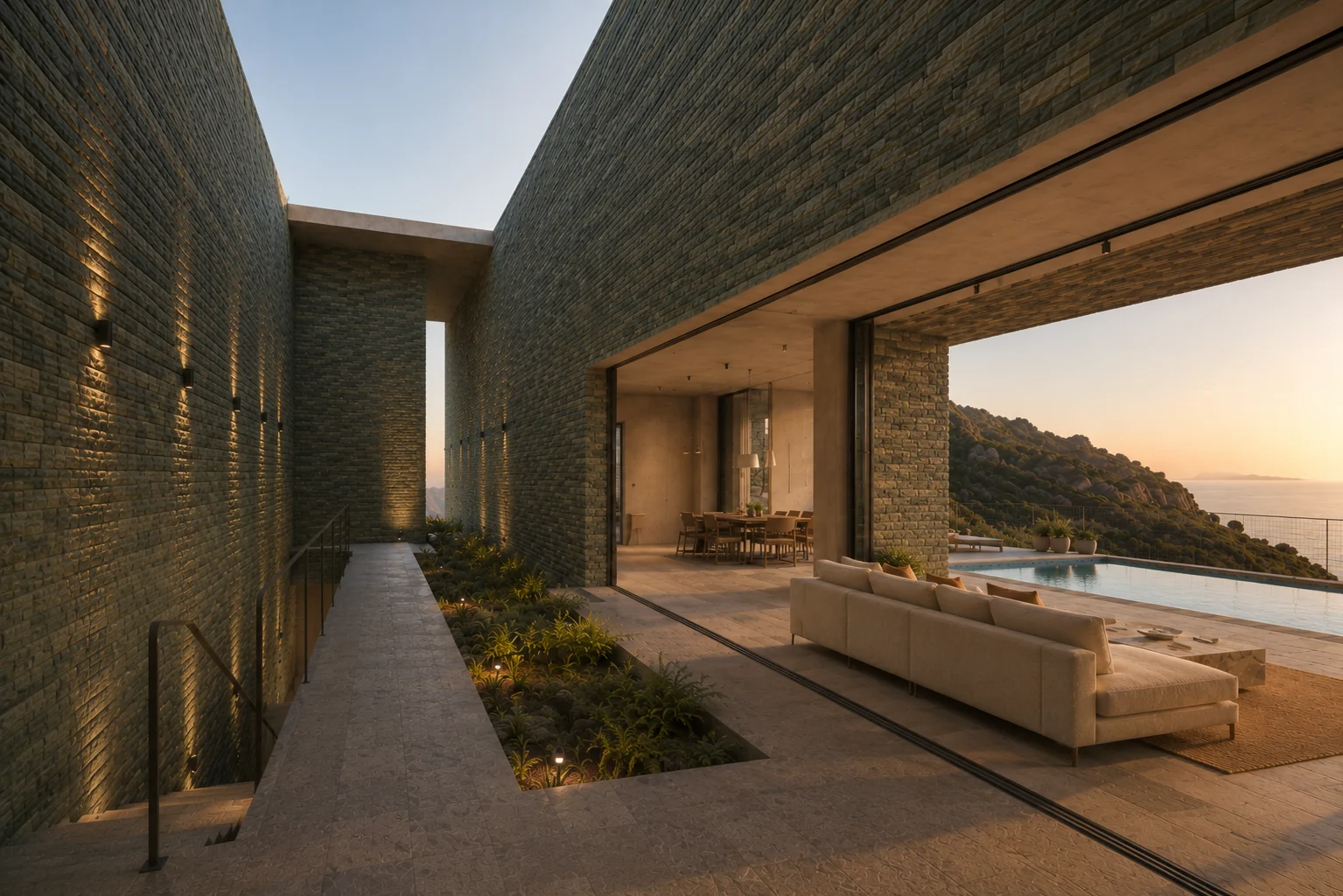 Stone atrium and pool at Glafki