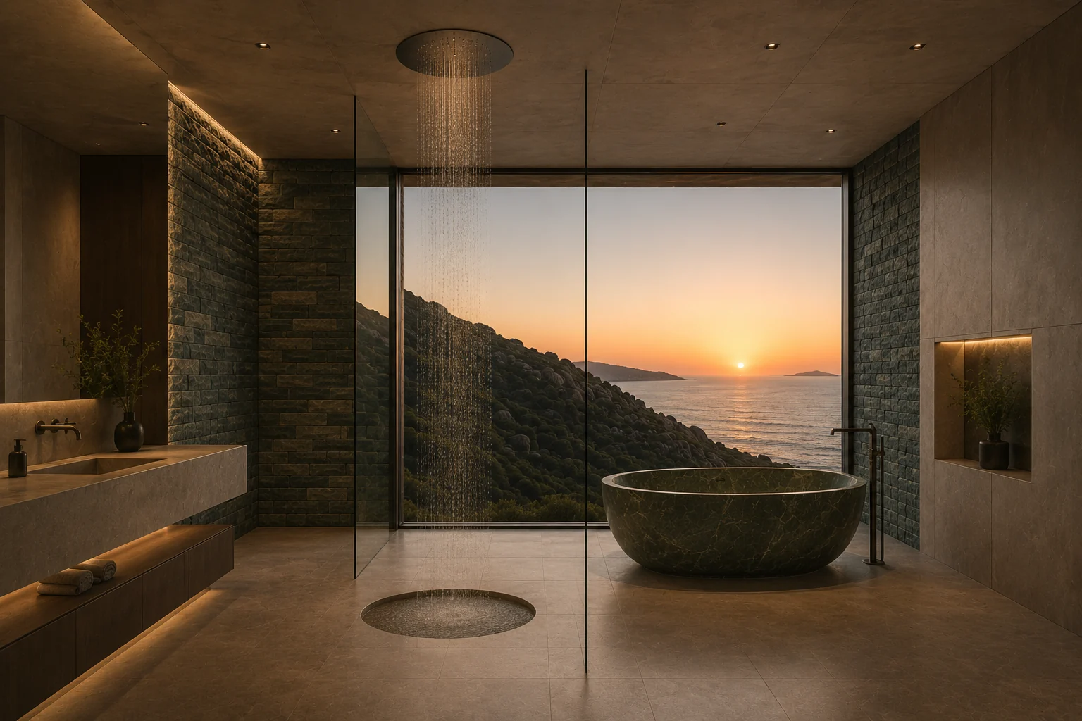 Stone bathroom with sea view at Glafki
