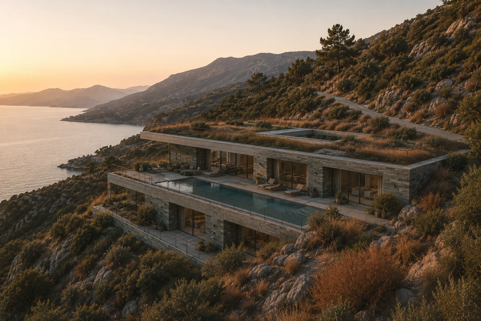 Glafki, three villas terraced into a steep Lefkada hillside