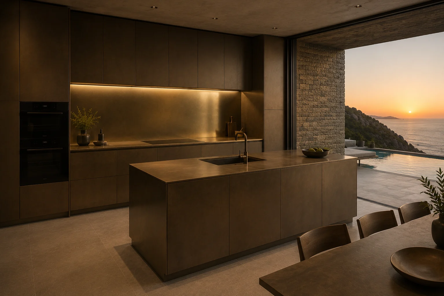Bronze kitchen opening to the sunset at Glafki