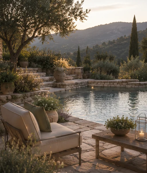 Stone pool and planted garden at Katoi House