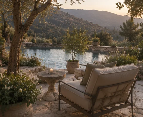 Outdoor sitting area beside the pool at Katoi House