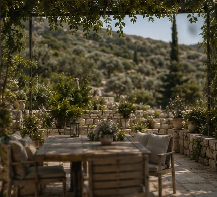 Garden dining terrace at Metochi House