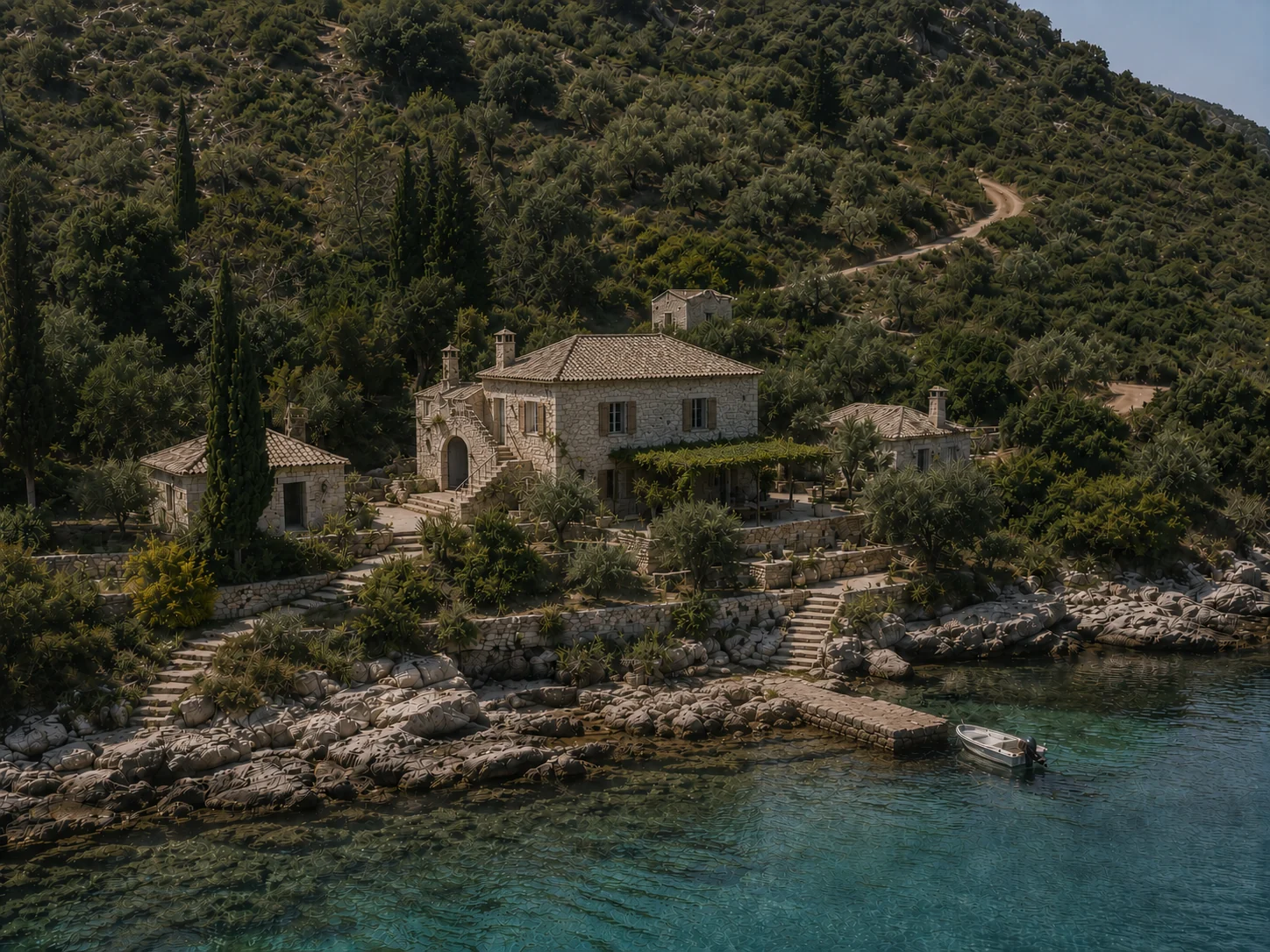 Metochi House arranged as a stone hamlet by the sea