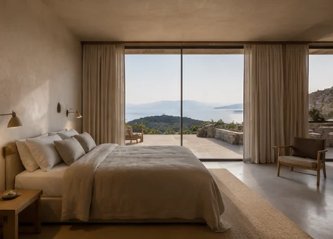 Bedroom opening to the Ionian landscape at Ptychi House