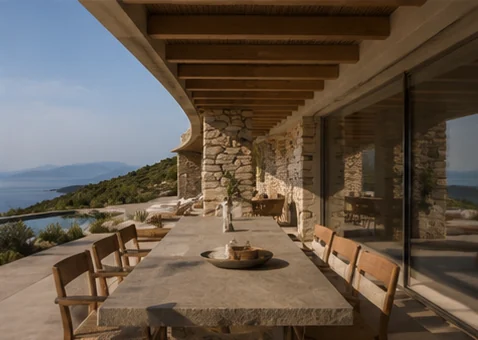 Covered outdoor dining terrace at Ptychi House