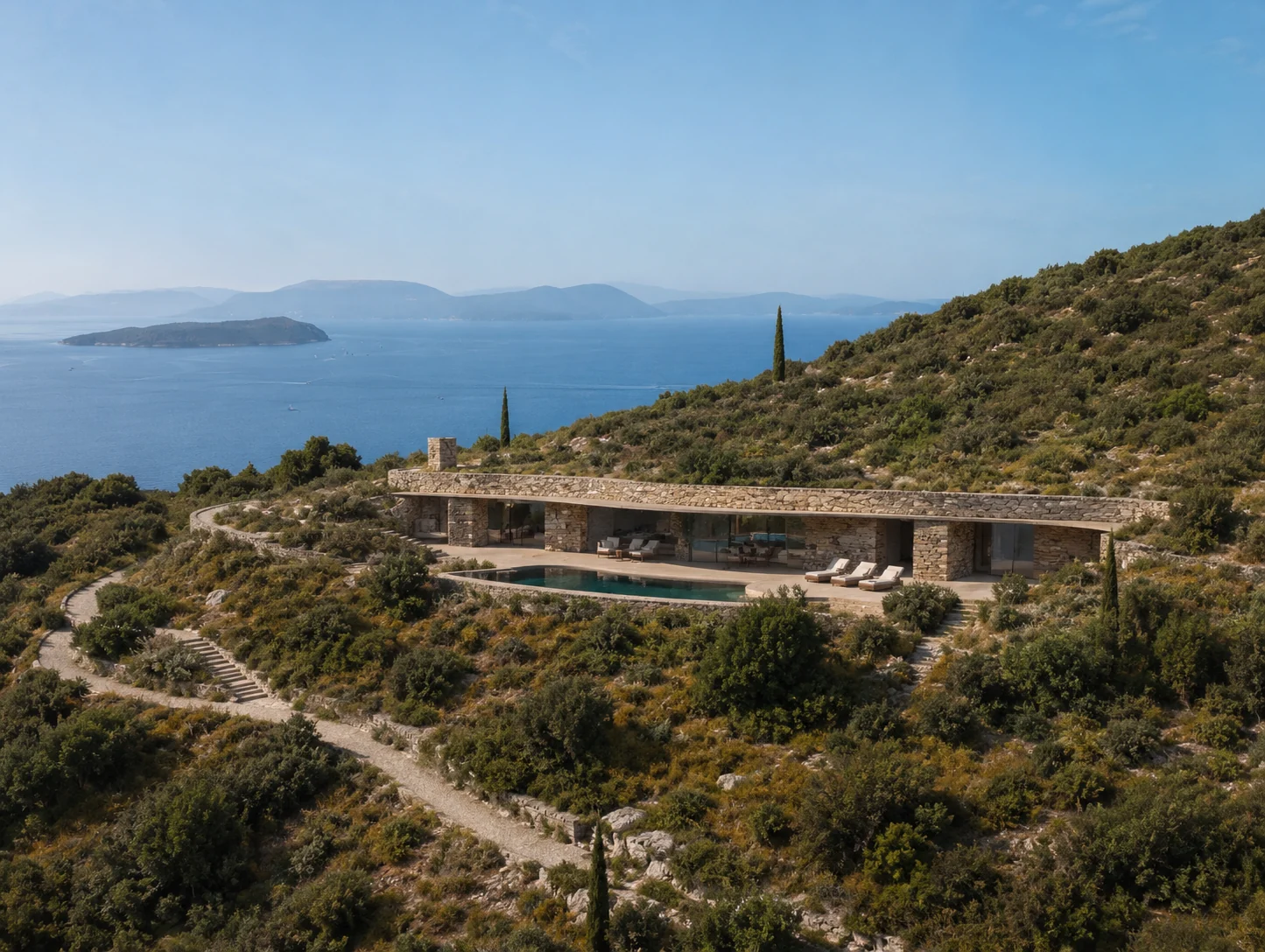Ptychi House set low into a Lefkada hillside above the Ionian Sea